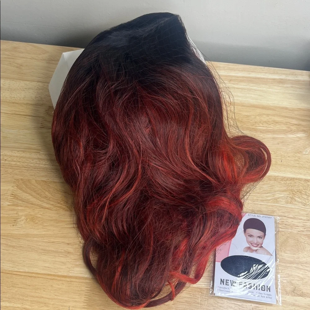 Long Red Wavy Wig 26 Inch Ombre Red Middle Part Curly Synthetic Hair Wig